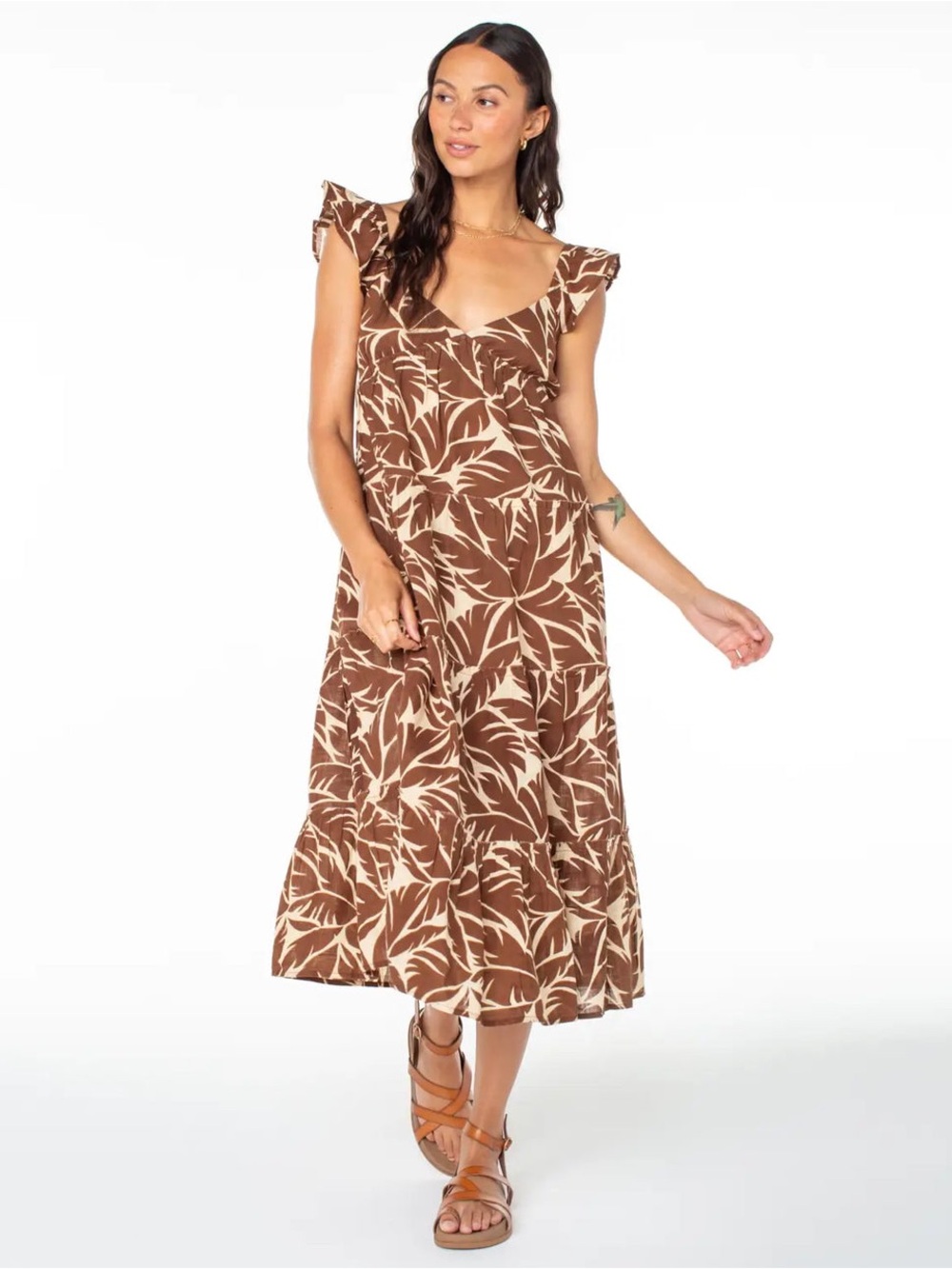 Roxy Brown Tropical Print Midi Dress with Cream Leaf Motif